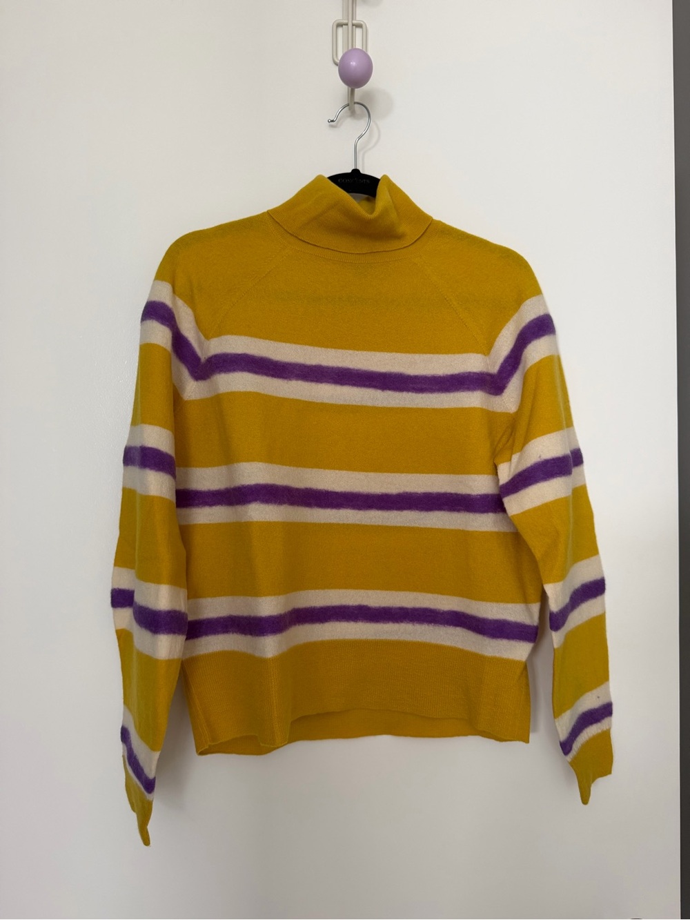 J. Crew Mustard Yellow Turtleneck Sweater with Purple & Cream Stripes